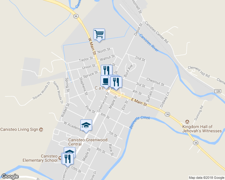 map of restaurants, bars, coffee shops, grocery stores, and more near 17 Main Street in Canisteo