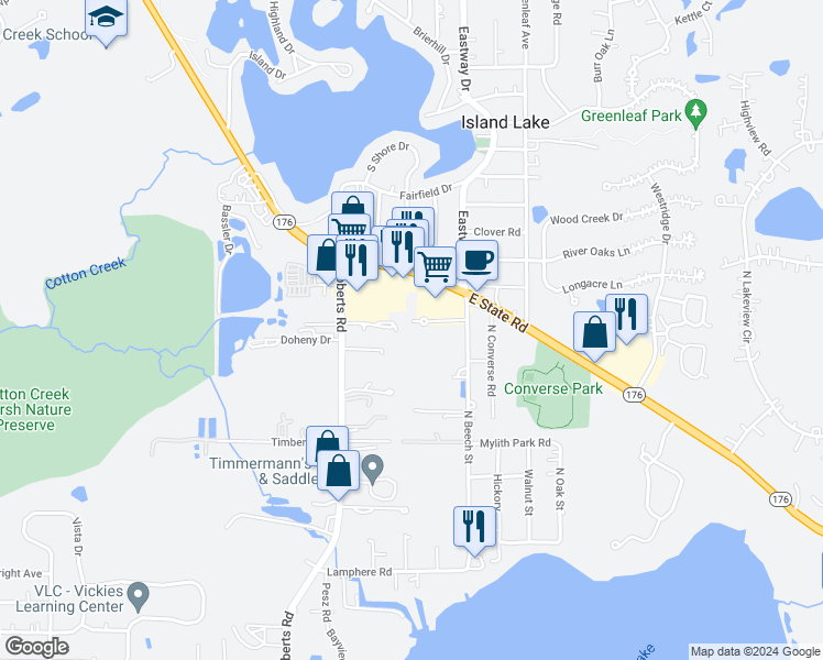 map of restaurants, bars, coffee shops, grocery stores, and more near 4113 Beech Street in Island Lake
