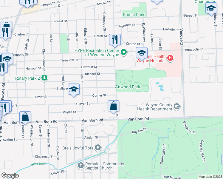 map of restaurants, bars, coffee shops, grocery stores, and more near 33941 Stellwagen Street in Wayne