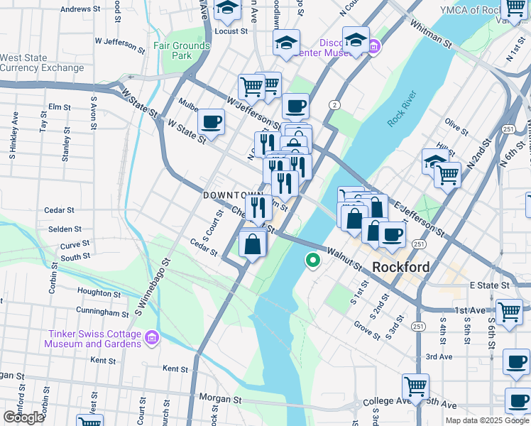 map of restaurants, bars, coffee shops, grocery stores, and more near 300 Elm Street in Rockford