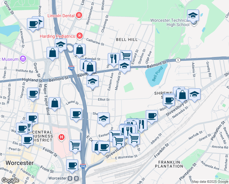 map of restaurants, bars, coffee shops, grocery stores, and more near 63 Merrifield Street in Worcester