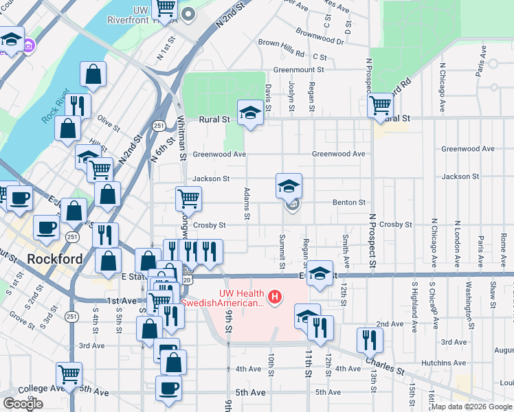 map of restaurants, bars, coffee shops, grocery stores, and more near 1325 Benton Street in Rockford