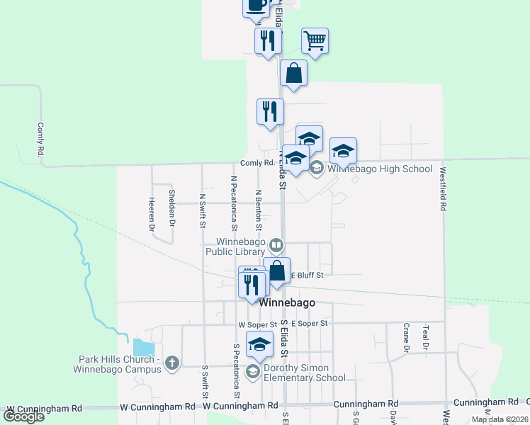 map of restaurants, bars, coffee shops, grocery stores, and more near 313 North Benton Street in Winnebago