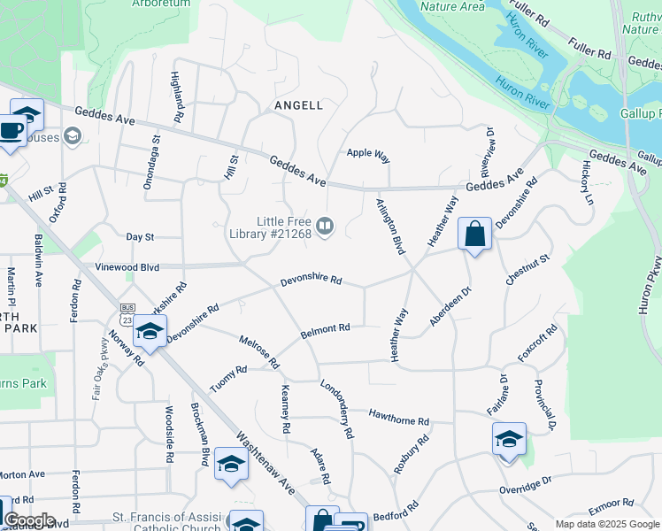 map of restaurants, bars, coffee shops, grocery stores, and more near 2317 Devonshire Road in Ann Arbor
