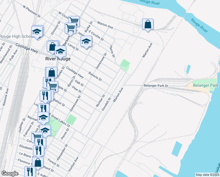 map of restaurants, bars, coffee shops, grocery stores, and more near 213 Richter Street in River Rouge