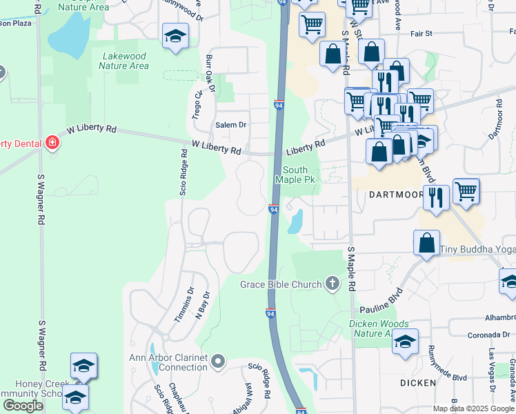 map of restaurants, bars, coffee shops, grocery stores, and more near 1035 East Summerfield Glen Circle in Ann Arbor