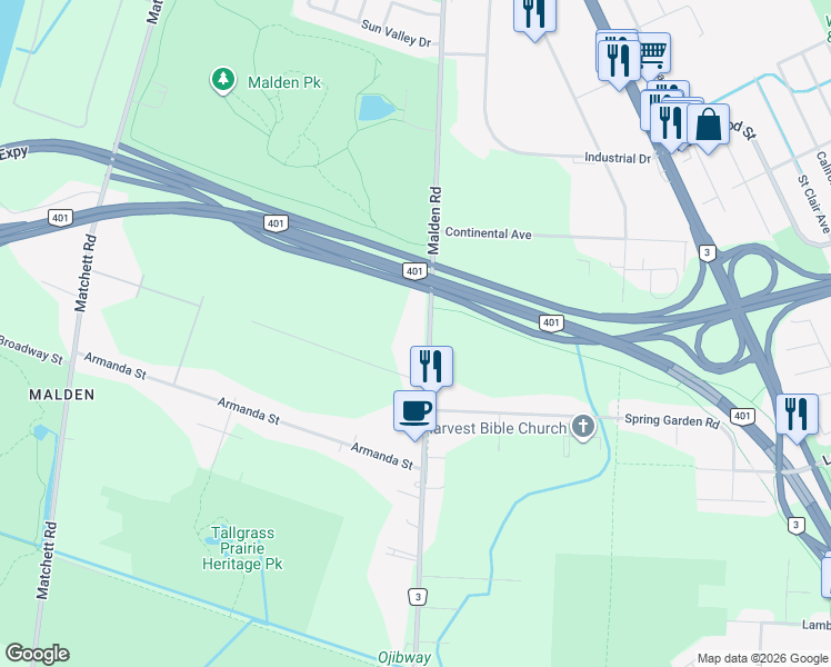 map of restaurants, bars, coffee shops, grocery stores, and more near 4626 Malden Road in Windsor