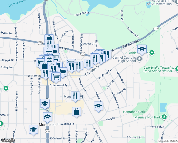 map of restaurants, bars, coffee shops, grocery stores, and more near 516 East Hawley Street in Mundelein