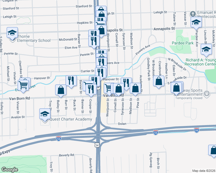 map of restaurants, bars, coffee shops, grocery stores, and more near 5709 South Telegraph Road in Dearborn Heights