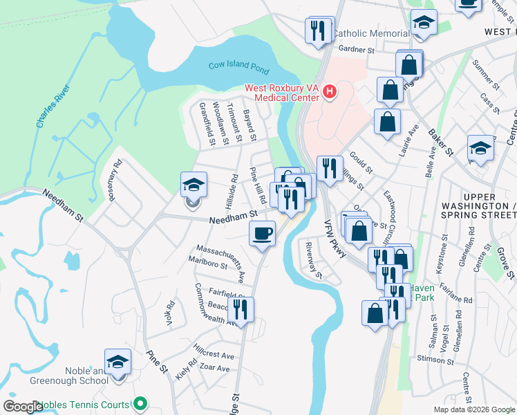 map of restaurants, bars, coffee shops, grocery stores, and more near 53 Needham Street in Dedham