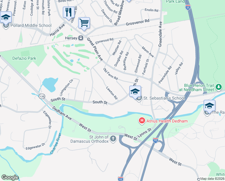 map of restaurants, bars, coffee shops, grocery stores, and more near 94 Lawton Road in Needham