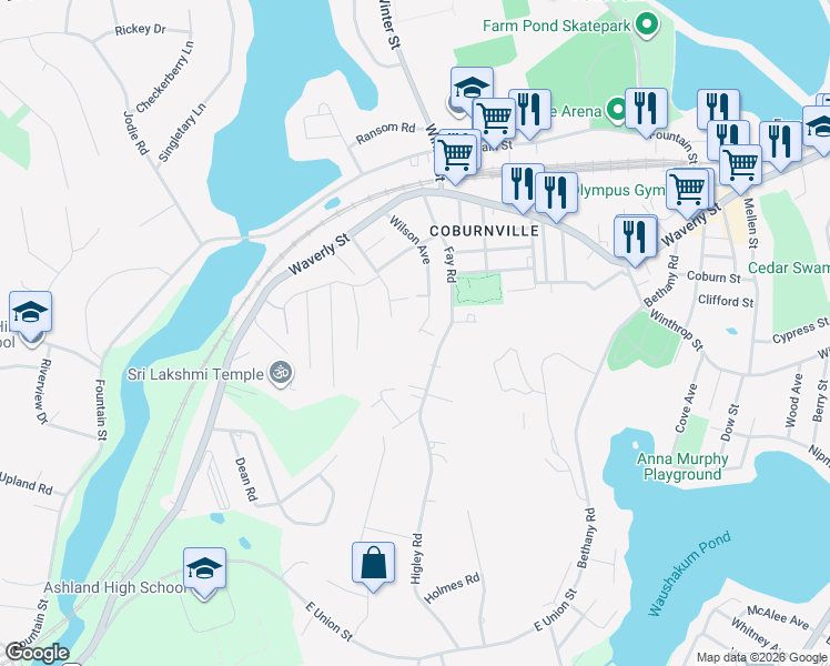 map of restaurants, bars, coffee shops, grocery stores, and more near 105 Wilson Avenue in Framingham