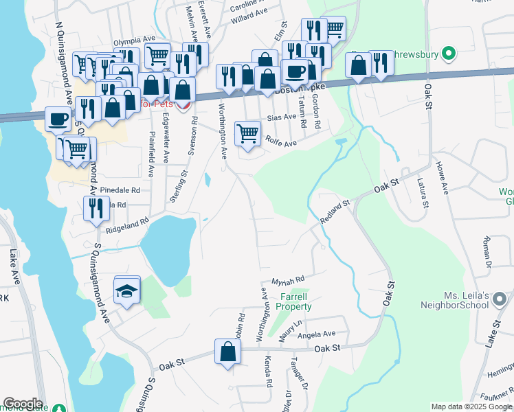 map of restaurants, bars, coffee shops, grocery stores, and more near 77 Worthington Avenue in Shrewsbury