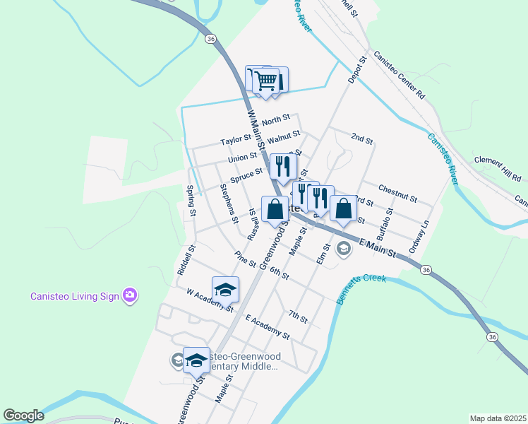 map of restaurants, bars, coffee shops, grocery stores, and more near 7 Orchard Street in Canisteo