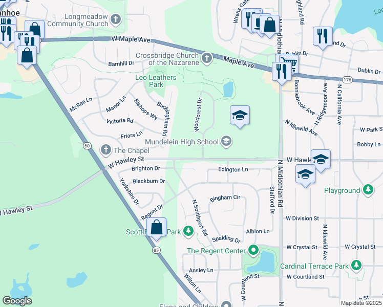 map of restaurants, bars, coffee shops, grocery stores, and more near 1617 Woodhaven Court in Mundelein