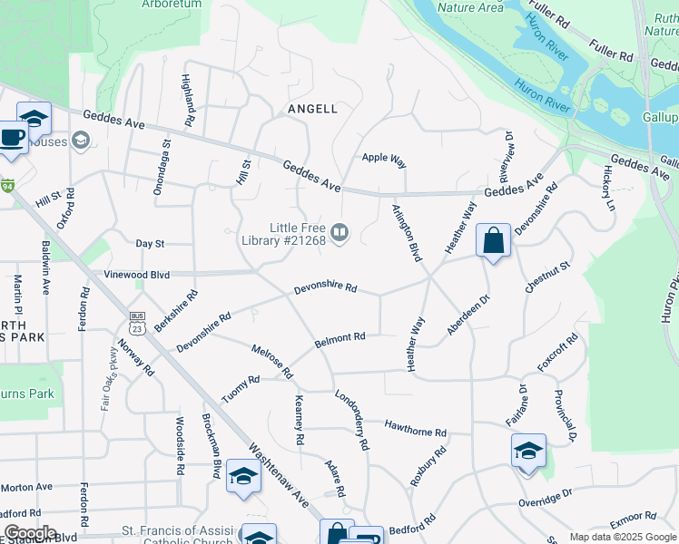 map of restaurants, bars, coffee shops, grocery stores, and more near 2317 Devonshire Road in Ann Arbor