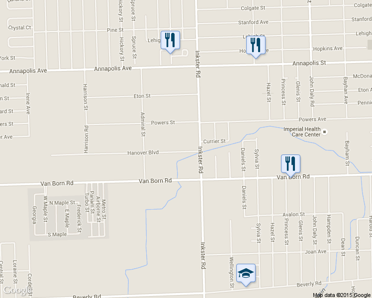 map of restaurants, bars, coffee shops, grocery stores, and more near 27474 Hanover Boulevard in Westland