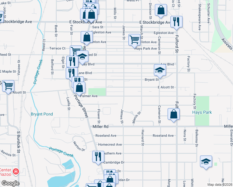map of restaurants, bars, coffee shops, grocery stores, and more near 1115 Palmer Avenue in Kalamazoo