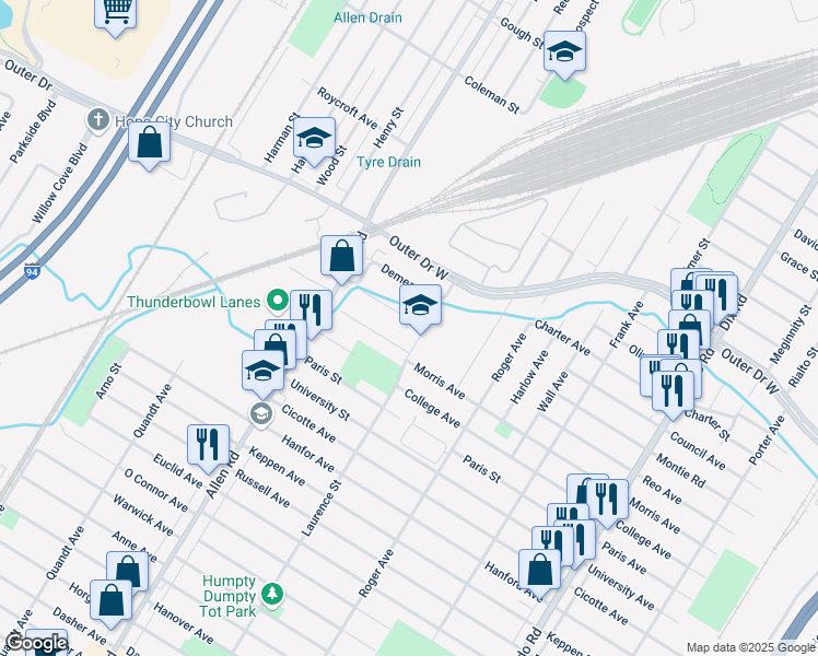 map of restaurants, bars, coffee shops, grocery stores, and more near 15105 Reo Avenue in Allen Park