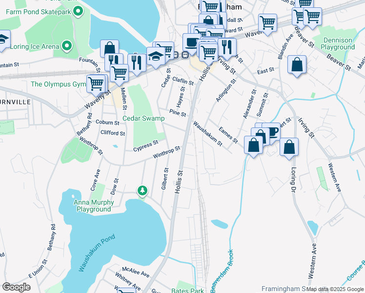 map of restaurants, bars, coffee shops, grocery stores, and more near 4 Winthrop Street in Framingham