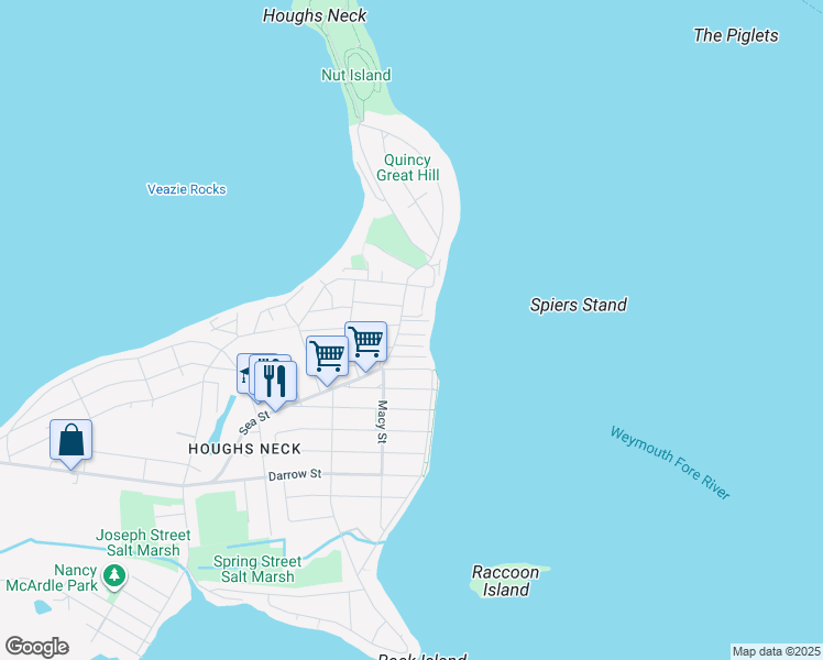 map of restaurants, bars, coffee shops, grocery stores, and more near 1225 Sea Street in Quincy