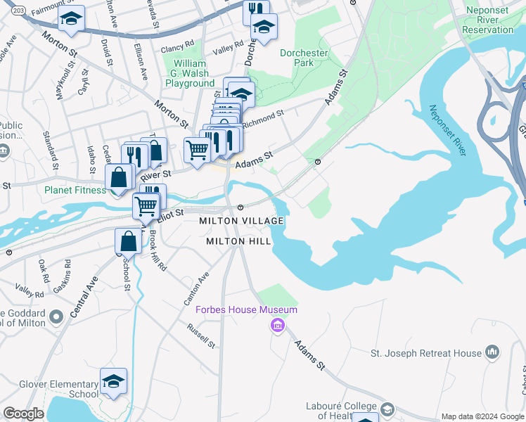 map of restaurants, bars, coffee shops, grocery stores, and more near 88 Wharf Street in Milton