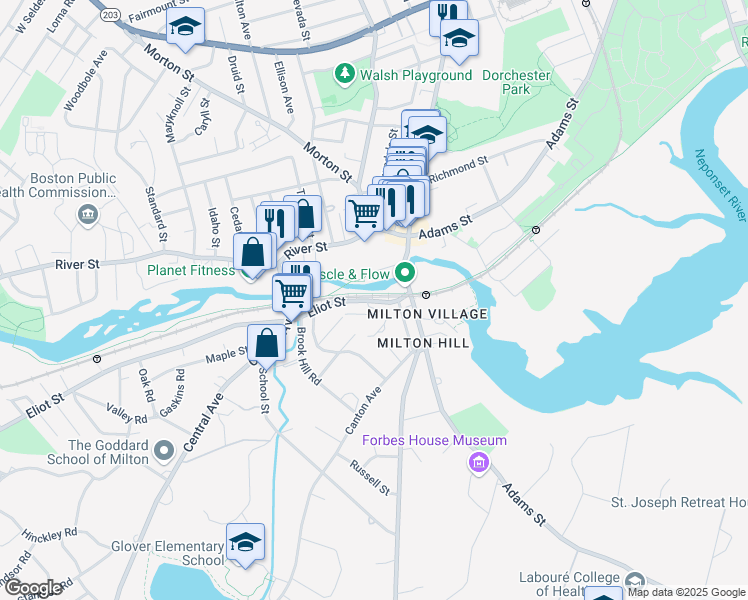 map of restaurants, bars, coffee shops, grocery stores, and more near 50 Eliot Street in Milton