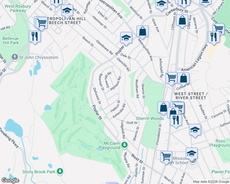 map of restaurants, bars, coffee shops, grocery stores, and more near 31 Macdonald Street in Boston