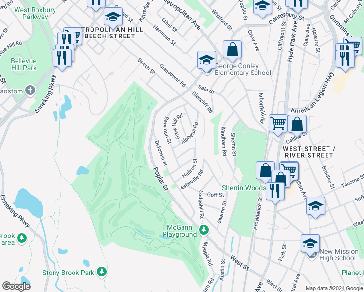 map of restaurants, bars, coffee shops, grocery stores, and more near 92 Alpheus Road in Boston