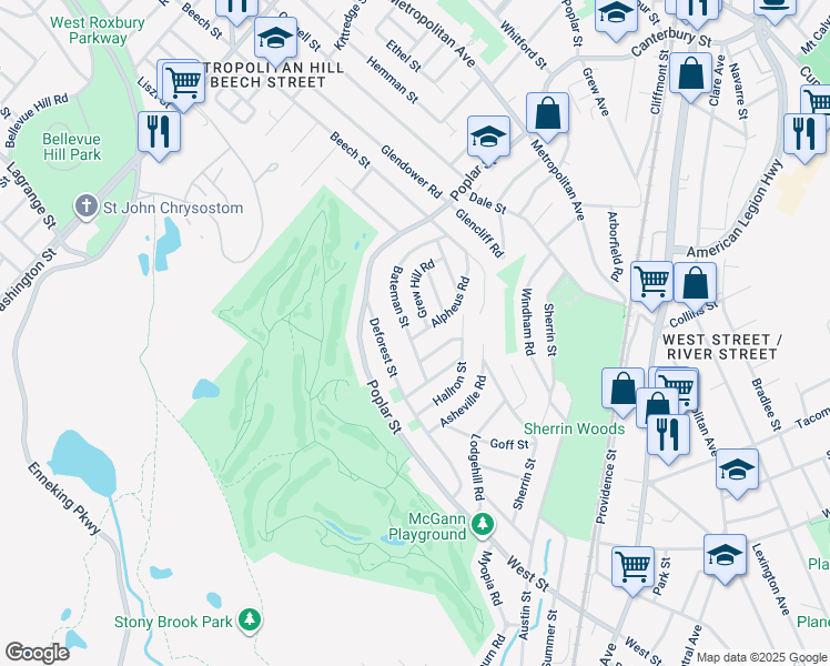 map of restaurants, bars, coffee shops, grocery stores, and more near 92 Alpheus Road in Boston