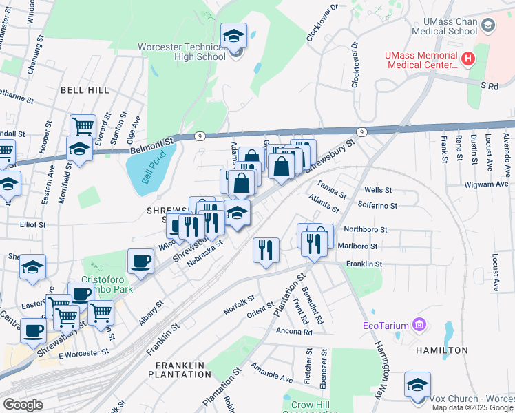 map of restaurants, bars, coffee shops, grocery stores, and more near 359 Shrewsbury Street in Worcester