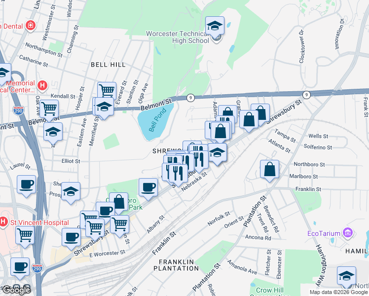 map of restaurants, bars, coffee shops, grocery stores, and more near in Worcester