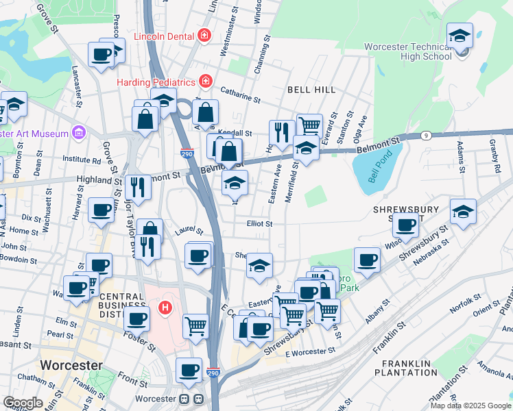 map of restaurants, bars, coffee shops, grocery stores, and more near 27 Edward Street in Worcester