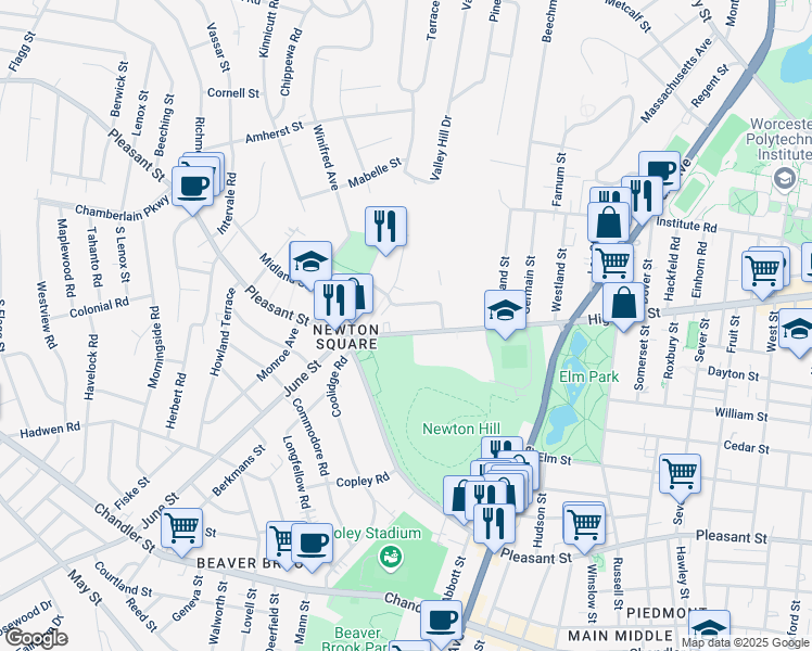 map of restaurants, bars, coffee shops, grocery stores, and more near 322 Highland Street in Worcester
