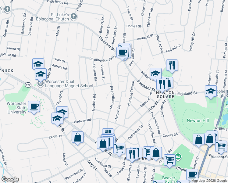 map of restaurants, bars, coffee shops, grocery stores, and more near 24 Hadwen Lane in Worcester