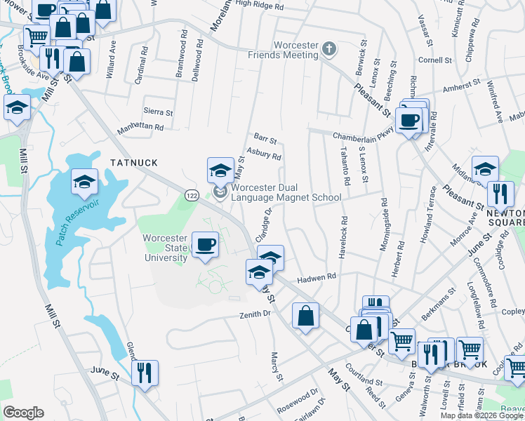 map of restaurants, bars, coffee shops, grocery stores, and more near 312 May Street in Worcester