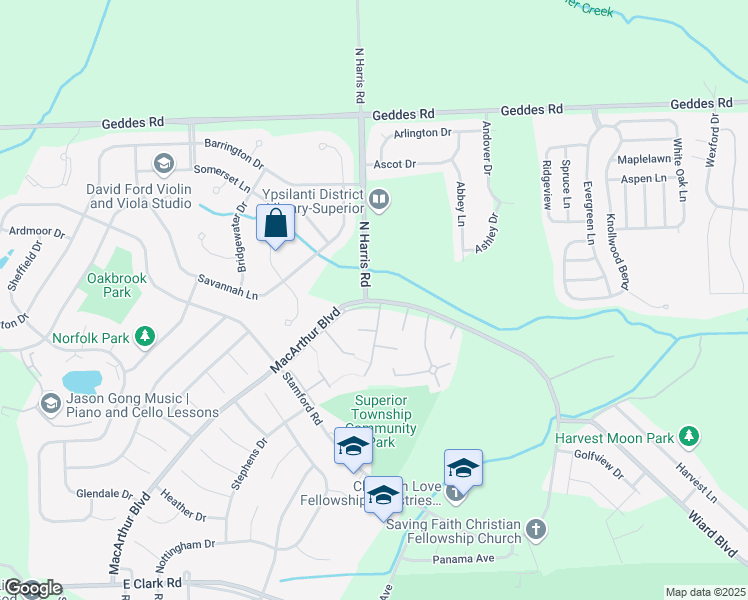map of restaurants, bars, coffee shops, grocery stores, and more near 9045 Macarthur Blvd in Ypsilanti