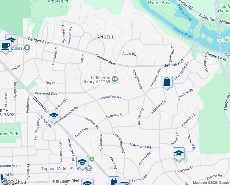 map of restaurants, bars, coffee shops, grocery stores, and more near 2317 Devonshire Road in Ann Arbor