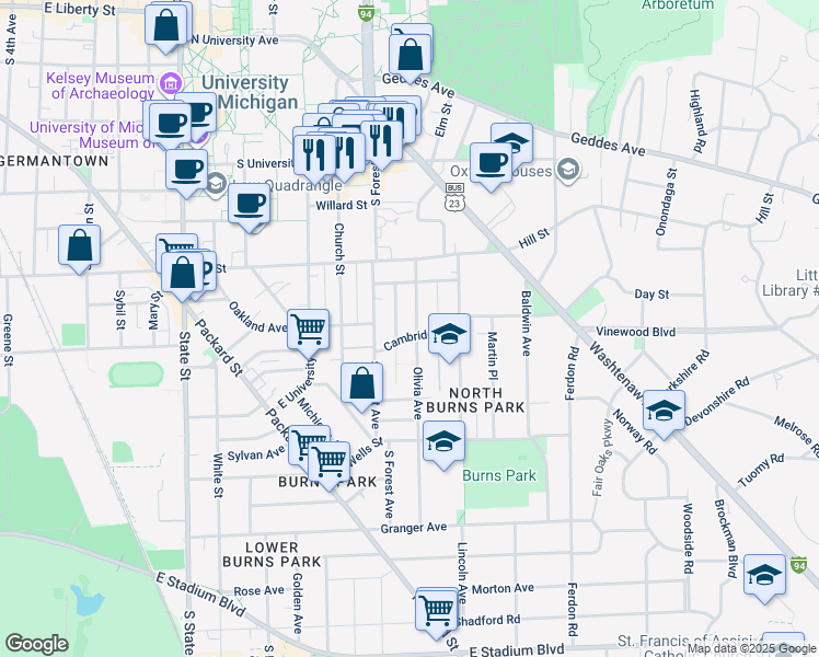 map of restaurants, bars, coffee shops, grocery stores, and more near 1323 Cambridge Road in Ann Arbor