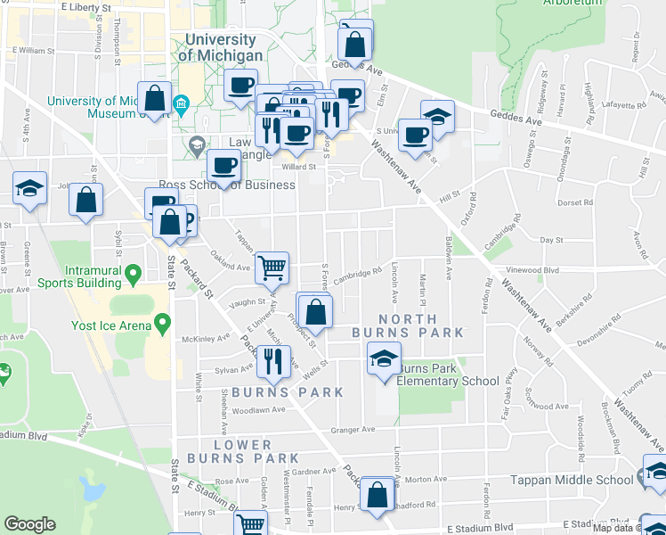 map of restaurants, bars, coffee shops, grocery stores, and more near 1305 Cambridge Road in Ann Arbor
