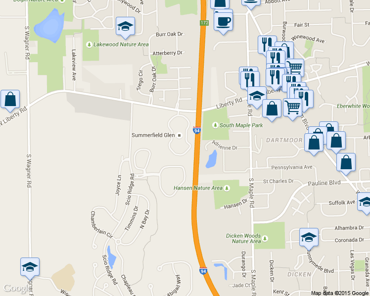 map of restaurants, bars, coffee shops, grocery stores, and more near 1037 East Summerfield Glen Circle in Ann Arbor