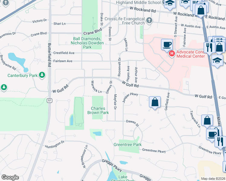 map of restaurants, bars, coffee shops, grocery stores, and more near 1002 Mayfair Drive in Libertyville