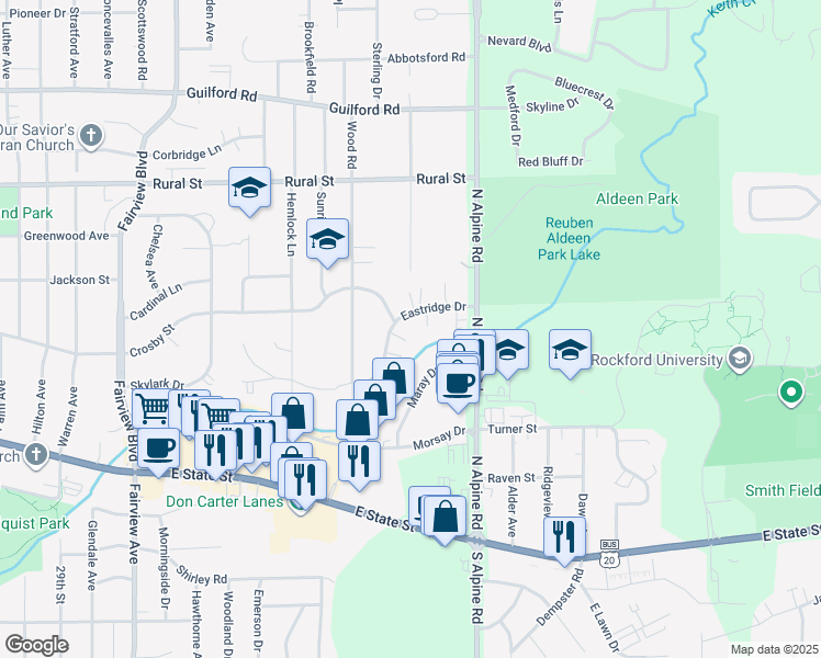 map of restaurants, bars, coffee shops, grocery stores, and more near 4217 Eastridge Drive in Rockford