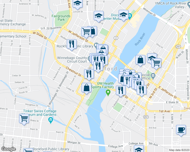 map of restaurants, bars, coffee shops, grocery stores, and more near 300 Elm Street in Rockford