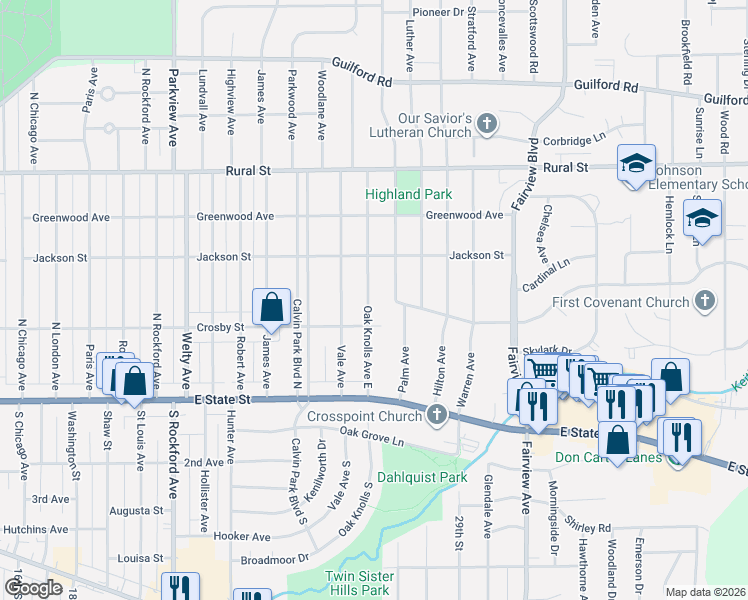 map of restaurants, bars, coffee shops, grocery stores, and more near 319 Oak Knolls Avenue East in Rockford