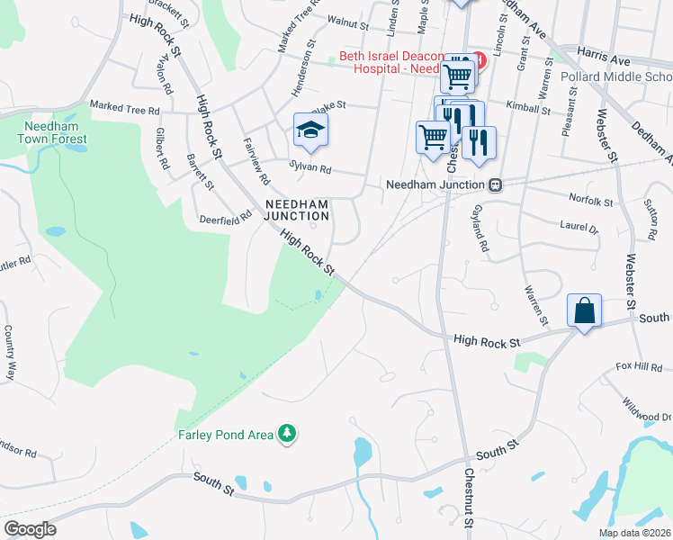 map of restaurants, bars, coffee shops, grocery stores, and more near 267 High Rock Street in Needham