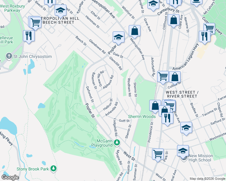 map of restaurants, bars, coffee shops, grocery stores, and more near 31 Macdonald Street in Boston