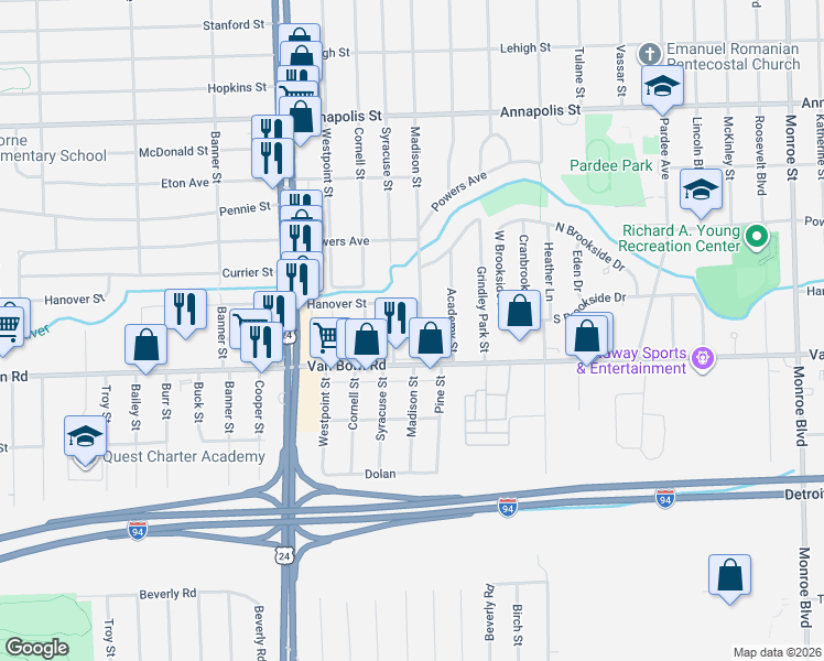 map of restaurants, bars, coffee shops, grocery stores, and more near 5649 Madison Street in Dearborn Heights