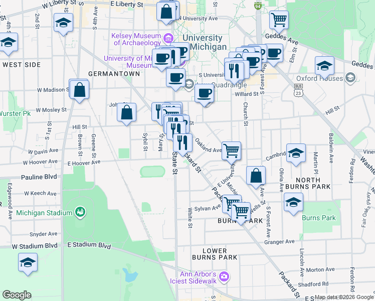 map of restaurants, bars, coffee shops, grocery stores, and more near 731 Packard Street in Ann Arbor