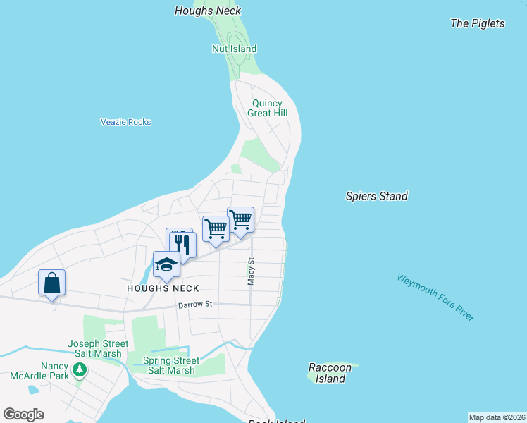 map of restaurants, bars, coffee shops, grocery stores, and more near 1231 Sea Street in Quincy